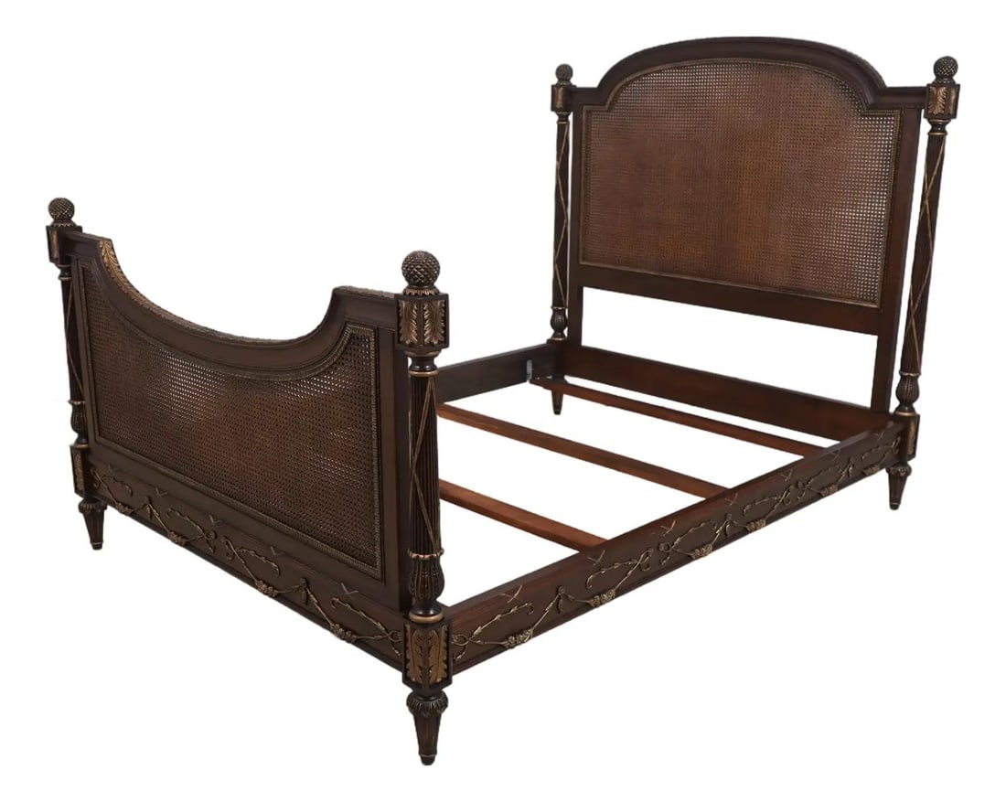 Ej Victor French Louis XVI Queen Cane Bed with Gold Accents: Ej Victor French Louis XVI Queen Cane Bed with Gold Accents Discover this exquisite Ej Victor French Louis XVI queen size cane bed, expertly crafted with high-quality construction and adorned with stu