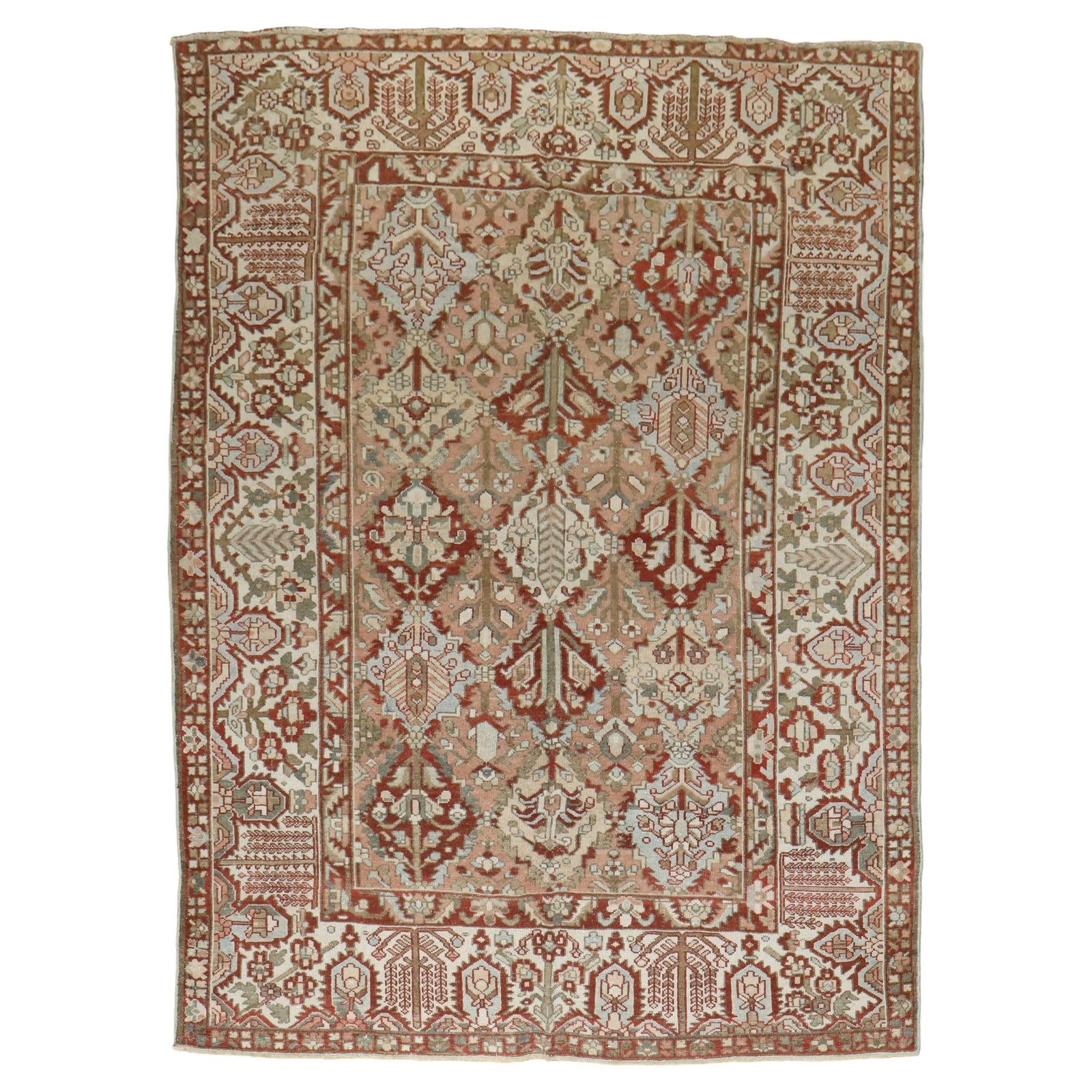 Antique Persian Bakhtiari Rug Hand-Knotted Wool 7'5 x 10'4 Iran 1940: Antique Persian Bakhtiari Rug Hand-Knotted Wool 7'5 x 10'4 Iran 1940 Explore the exquisite Zabihi Collection Antique Geometric Design Persian Bakhtiari Rug, a stunning addition to any space. This smal