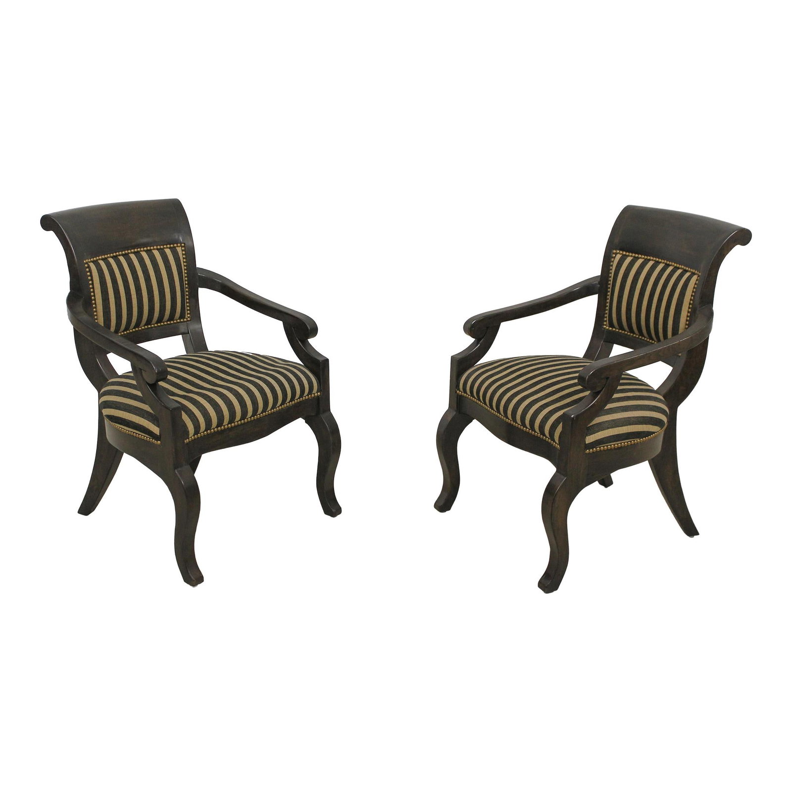 Elegant Pair of Regency Style Striped Upholstery Armchairs: Elegant Pair of Regency Style Striped Upholstery Armchairs This exquisite pair of Regency style open armchairs showcases a timeless design complemented by clean striped upholstery and a factory distre