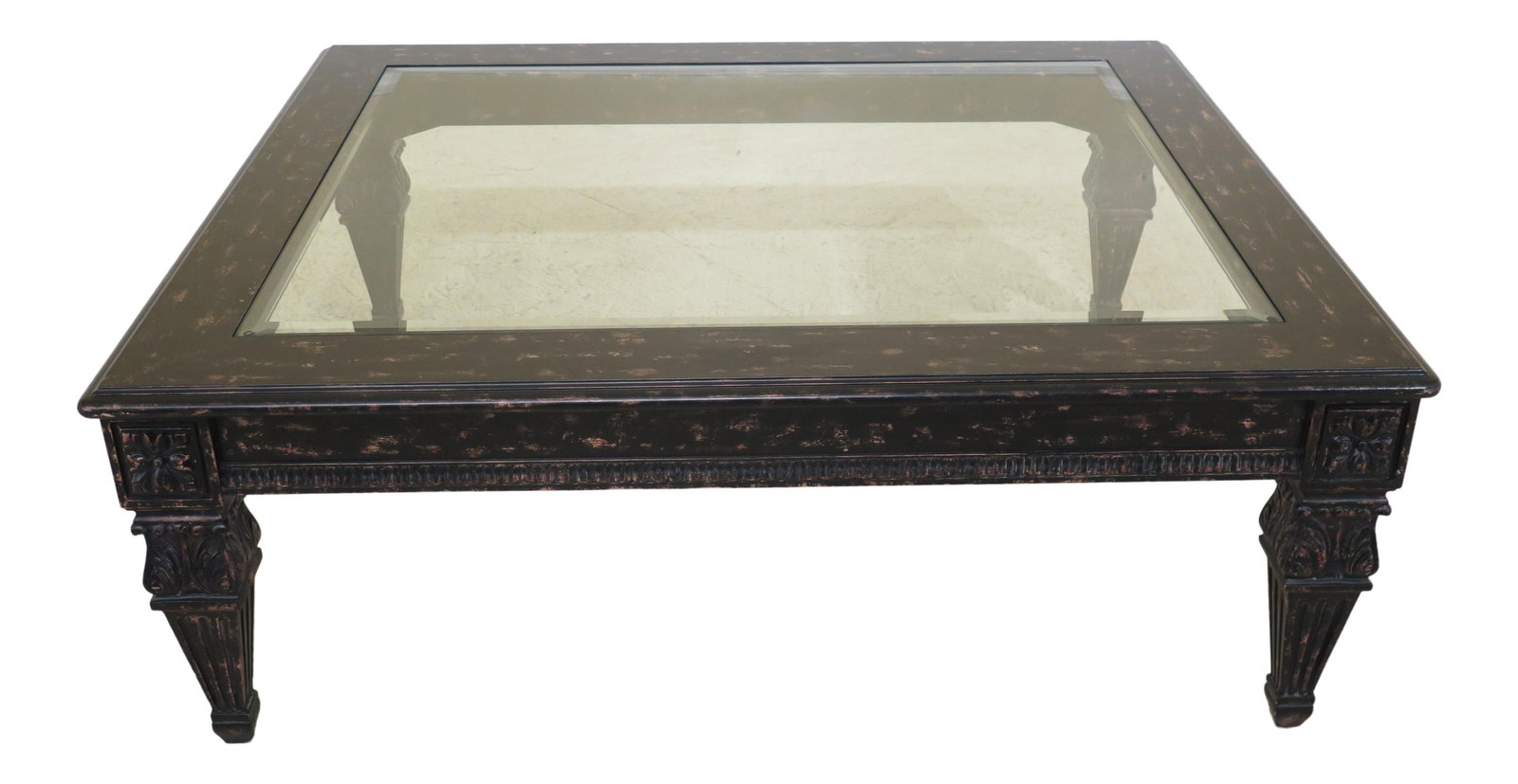 Elegant Italian Style Black Painted Coffee Table with Beveled Glass Top: Elegant Italian Style Black Painted Coffee Table with Beveled Glass Top This elegant Italian-style coffee table showcases a large beveled glass top set in a striking black painted finish. The quality 