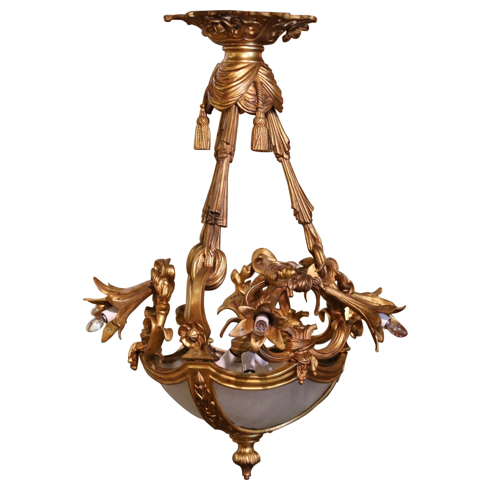 Antique 19th Century Belle Epoque Nine-Light Gilt Bronze Chandelier: Antique 19th Century Belle Epoque Nine-Light Gilt Bronze Chandelier Illuminate your space with this exquisite 19th Century Belle Epoque chandelier, showcasing a stunning combination of gilt bronze and