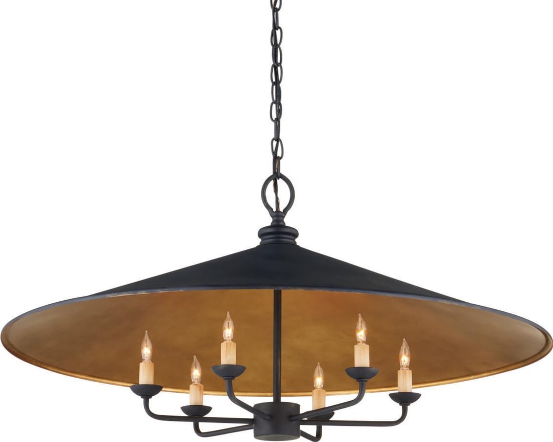 Brussels Pendant Chandelier by Currey Black Gold Wrought Iron 6 Bulb: Brussels Pendant Chandelier by Currey Black Gold Wrought Iron 6 Bulb Elevate your space with the Brussels Pendant, a stunning bowl chandelier that combines chic black and gold design elements. This tr