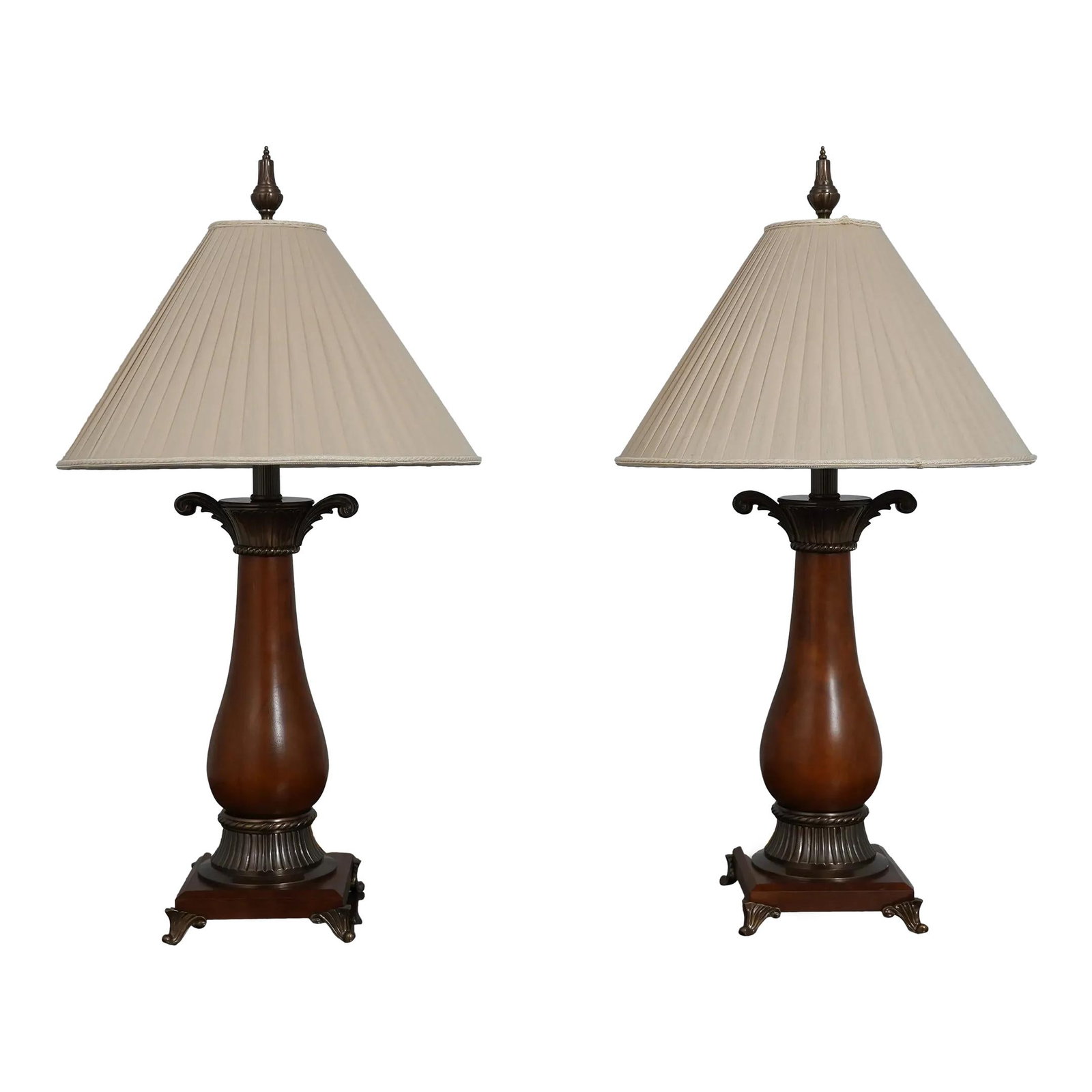 Elegant 1990s Neoclassical Wood Urn Table Lamps Pair: Elegant 1990s Neoclassical Wood Urn Table Lamps Pair This exquisite pair of 1990s Neoclassical style wood urn table lamps showcases elegant craftsmanship and timeless design. Featuring a rich brown wo