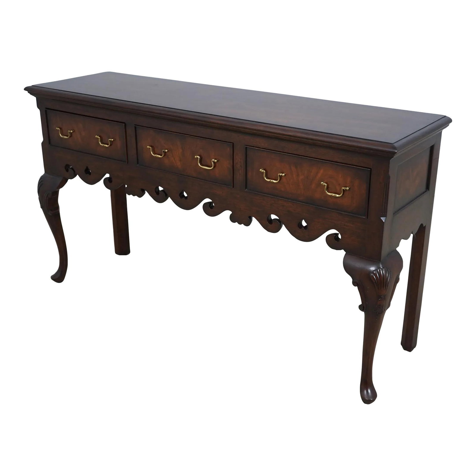 Maitland Smith George III Walnut Server with Shell Carved Knees: Maitland Smith George III Walnut Server with Shell Carved Knees This Maitland Smith George III Distressed Walnut Server features a timeless design with factory distressed quality construction and shel