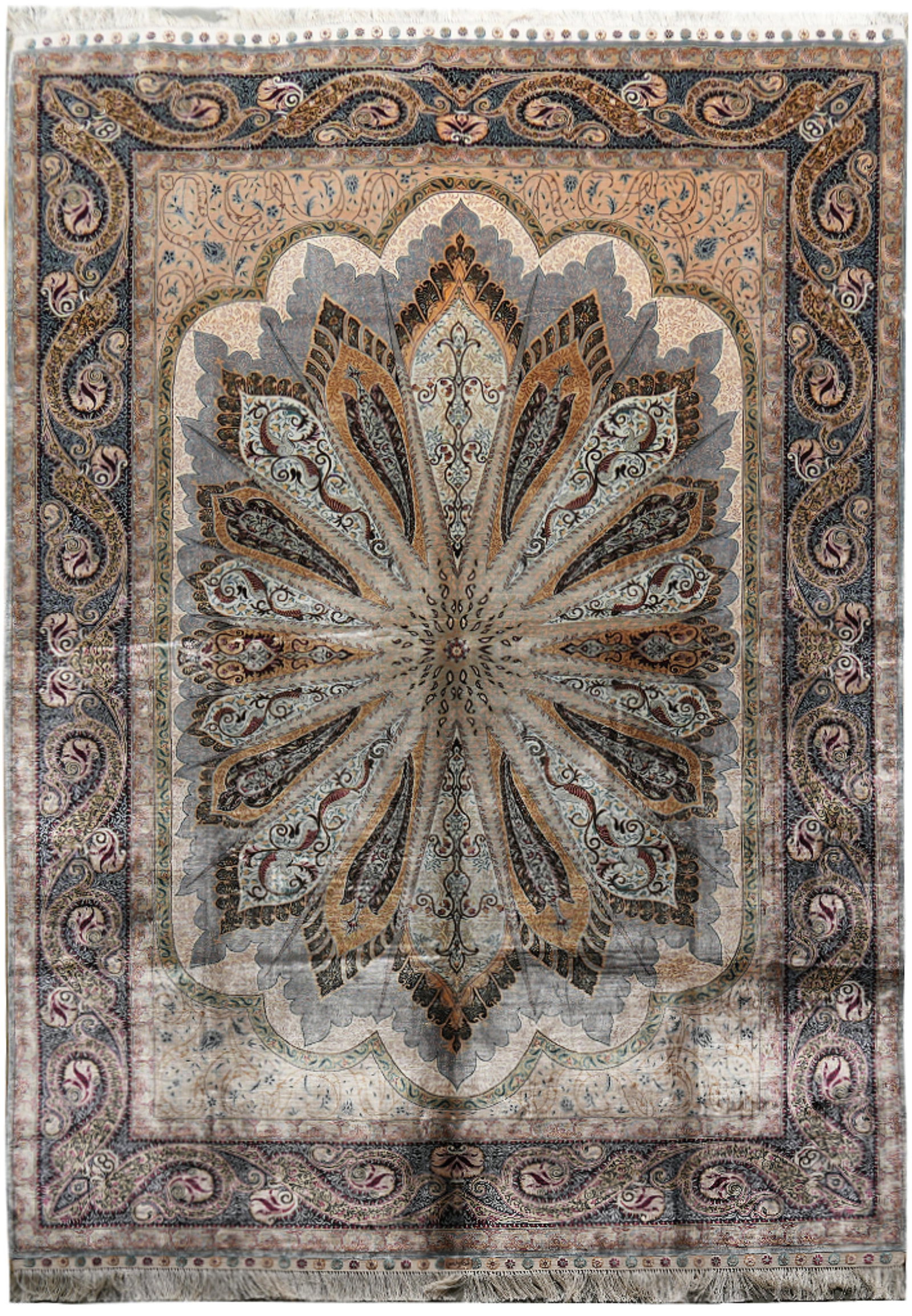 6 x 9 Silk Traditional Rug with Central Floral Burst Design: 6 x 9 Silk Traditional Rug with Central Floral Burst Design Free continental US Shipping This 6 x 9 rug is handcrafted from pure silk and features a striking central floral burst design. With its trad
