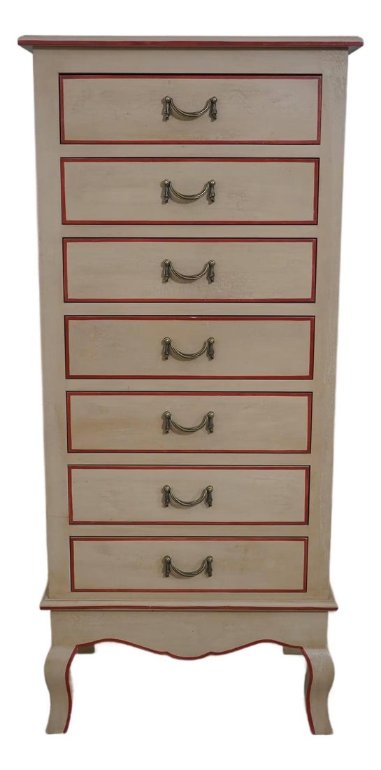 Italian Style Seven Drawer Painted Semanier Lingerie Chest White 1980s: Italian Style Seven Drawer Painted Semanier Lingerie Chest White 1980s This Italian-style semanier lingerie chest from the 1980s features seven drawers with drape drawer pulls and a factory distressed