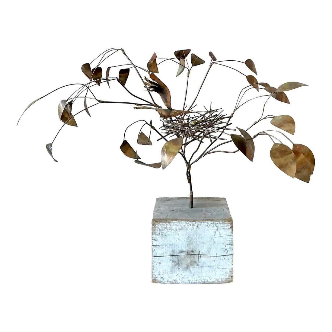 Abstract Brass Tree Art Sculpture in the Style of Jere on Wooden Base: Abstract Brass Tree Art Sculpture in the Style of Jere on Wooden Base This vintage brass tree sculpture, inspired by Curtis Jere, features an abstract design with delicately crafted brass leaves archi