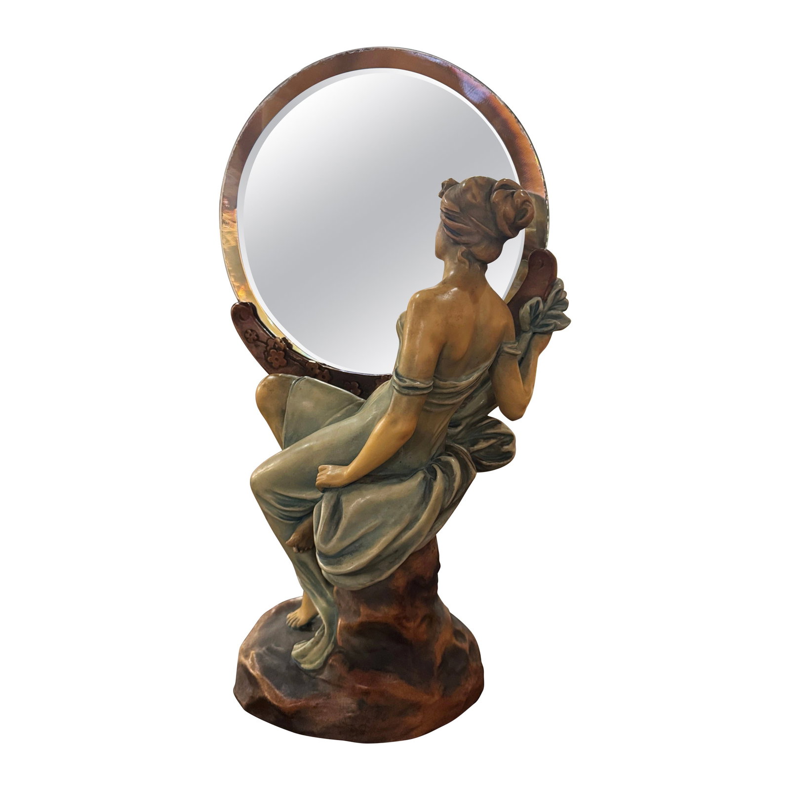 Czech Art Nouveau Figural Vanity Mirror by T Schloop: Czech Art Nouveau Figural Vanity Mirror by T Schloop This exquisite early 20th-century Czech painted Bohemian figural vanity mirror, signed by T. Schloop, is a stunning embodiment of Art Nouveau craft