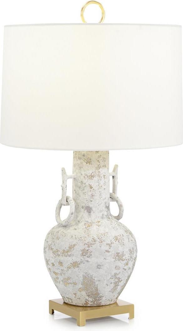 John-Richard Elegant Whispering Mists Table Lamp 30H Brass and White Shade: John-Richard Elegant Whispering Mists Table Lamp 30H Brass and White Shade Illuminate your space with the Elegant Whispering Mists Table Lamp, a stunning addition to any decor. This lamp stands at 30 