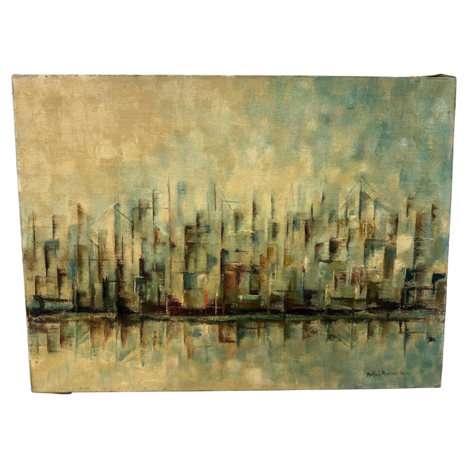 Waterfront No II by Martin J Murray 1960 Mid Century Oil Painting on Canvas: Waterfront No II by Martin J Murray 1960 Mid Century Oil Painting on Canvas This oil on canvas painting, titled "Waterfront #2" and created in 1960 by Martin J. Murray (Rhode Island, 1908-1997), depic