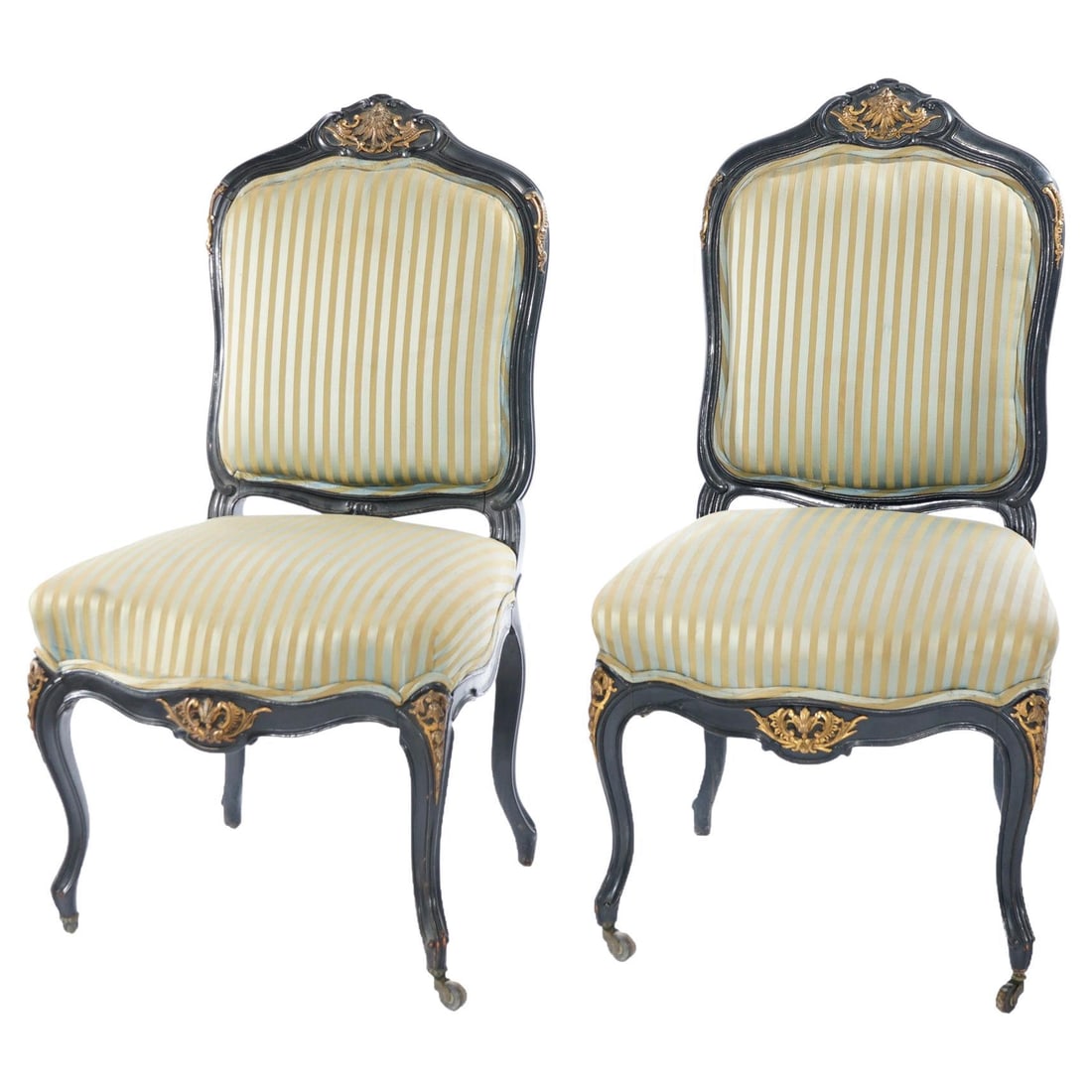 Set of 2 Antique Louis XV Ebonized Ormolu Side Chairs France: Set of 2 Antique Louis XV Ebonized Ormolu Side Chairs France This exquisite pair of antique French Louis XV style side chairs showcases a stunning ebonized carved wood frame complemented by elegant or