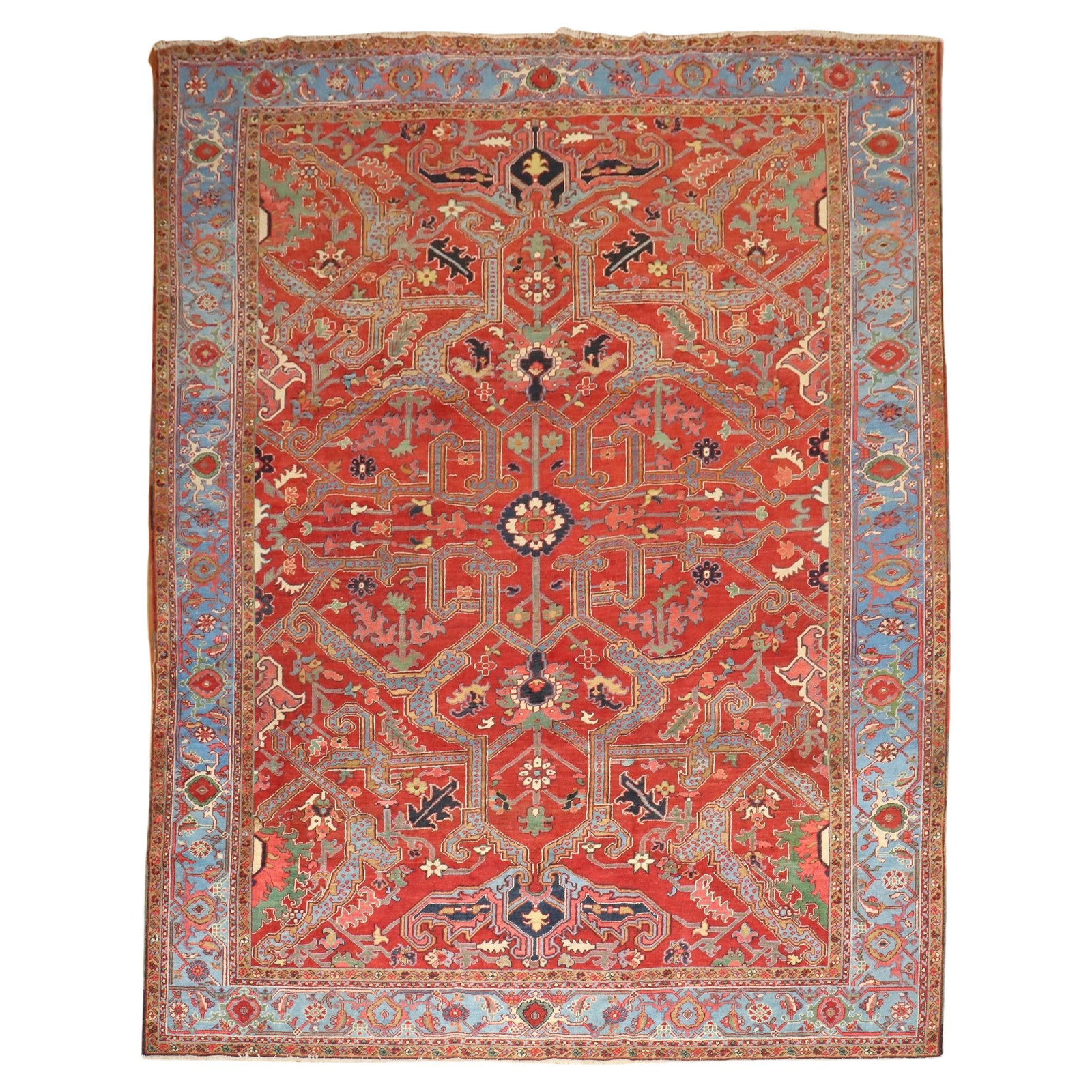 Antique 1910 Zabihi Collection Dragon Red Field Heriz Serapi Rug 9' x 11'8'': Antique 1910 Zabihi Collection Dragon Red Field Heriz Serapi Rug 9' x 11'8'' This exquisite early 20th century Heriz Serapi rug features a striking dragon style pattern set against a vibrant red backg