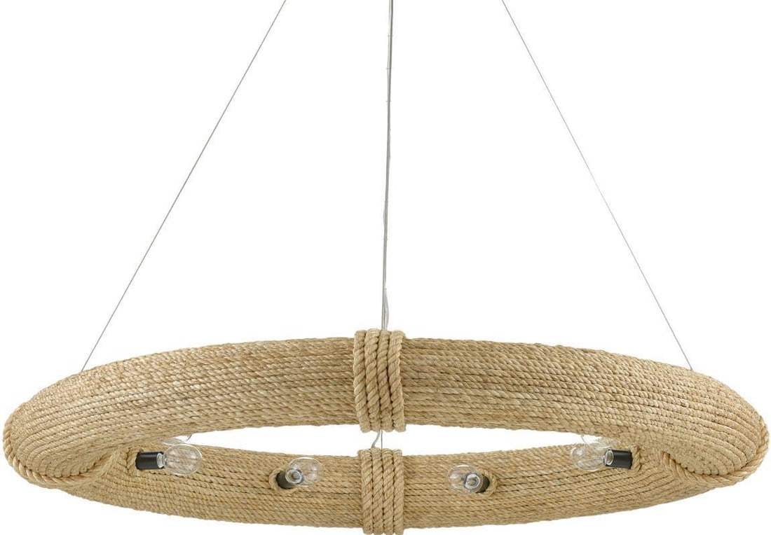Currey Nautical Medium Chandelier 6H 37W 37D Abaca Rope: Currey Nautical Medium Chandelier 6H 37W 37D Abaca Rope Illuminate your space with this Nautical-Inspired Medium Chandelier, crafted by Currey. Its charming design features an Abaca Rope finish combin