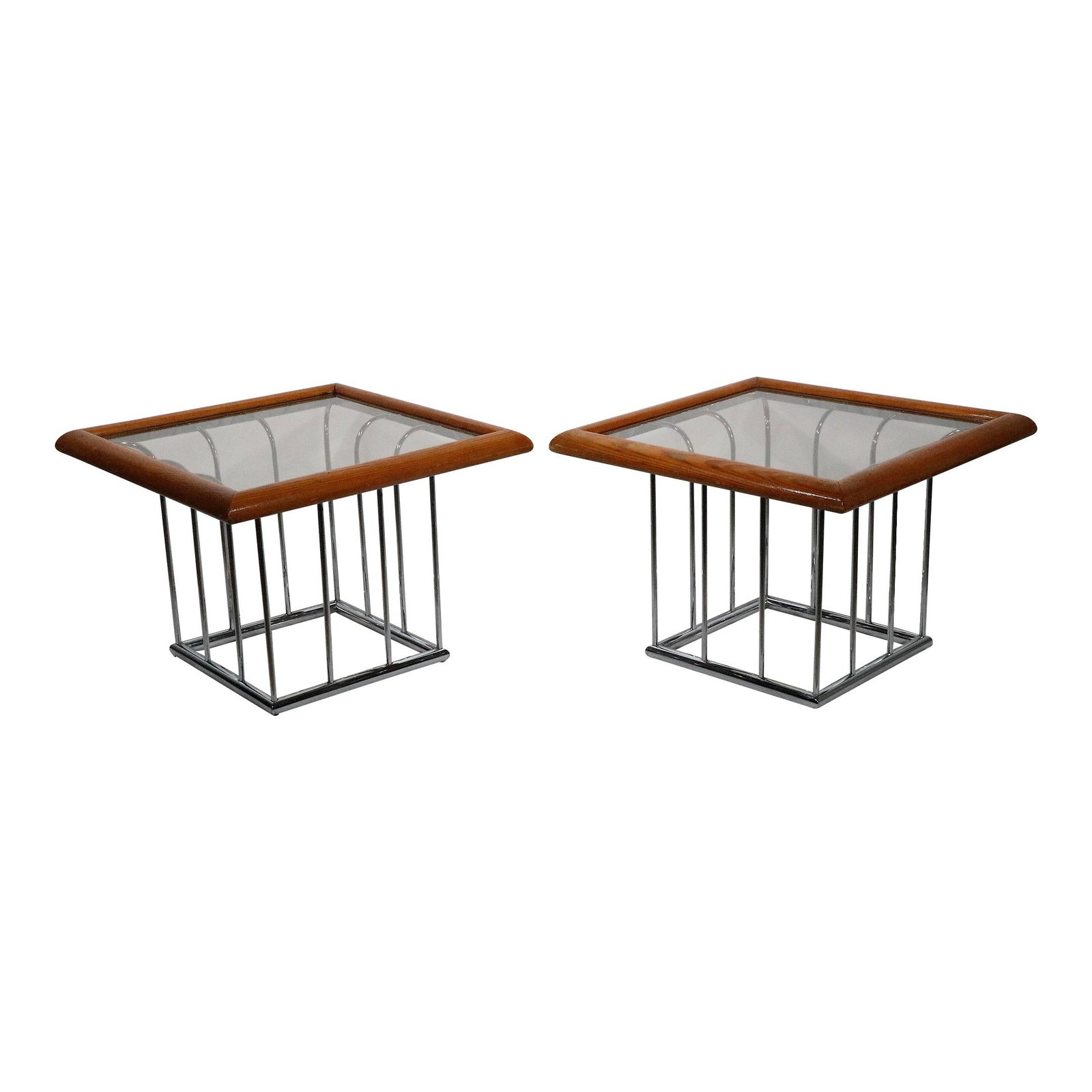 Pair of 1970s Chrome Oak Glass End Tables: Pair of 1970s Chrome Oak Glass End Tables Elevate your living space with this pair of chic architectural end tables, featuring tinted glass tops elegantly supported by an oak frame and a striking chro
