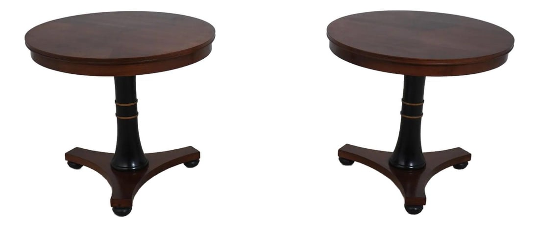 Drexel Round Cherry Accent Lamp Tables Pair French Empire Design: Drexel Round Cherry Accent Lamp Tables Pair French Empire Design Enhance your living space with this exquisite pair of Drexel round cherry pedestal accent lamp tables, showcasing a French Empire desig