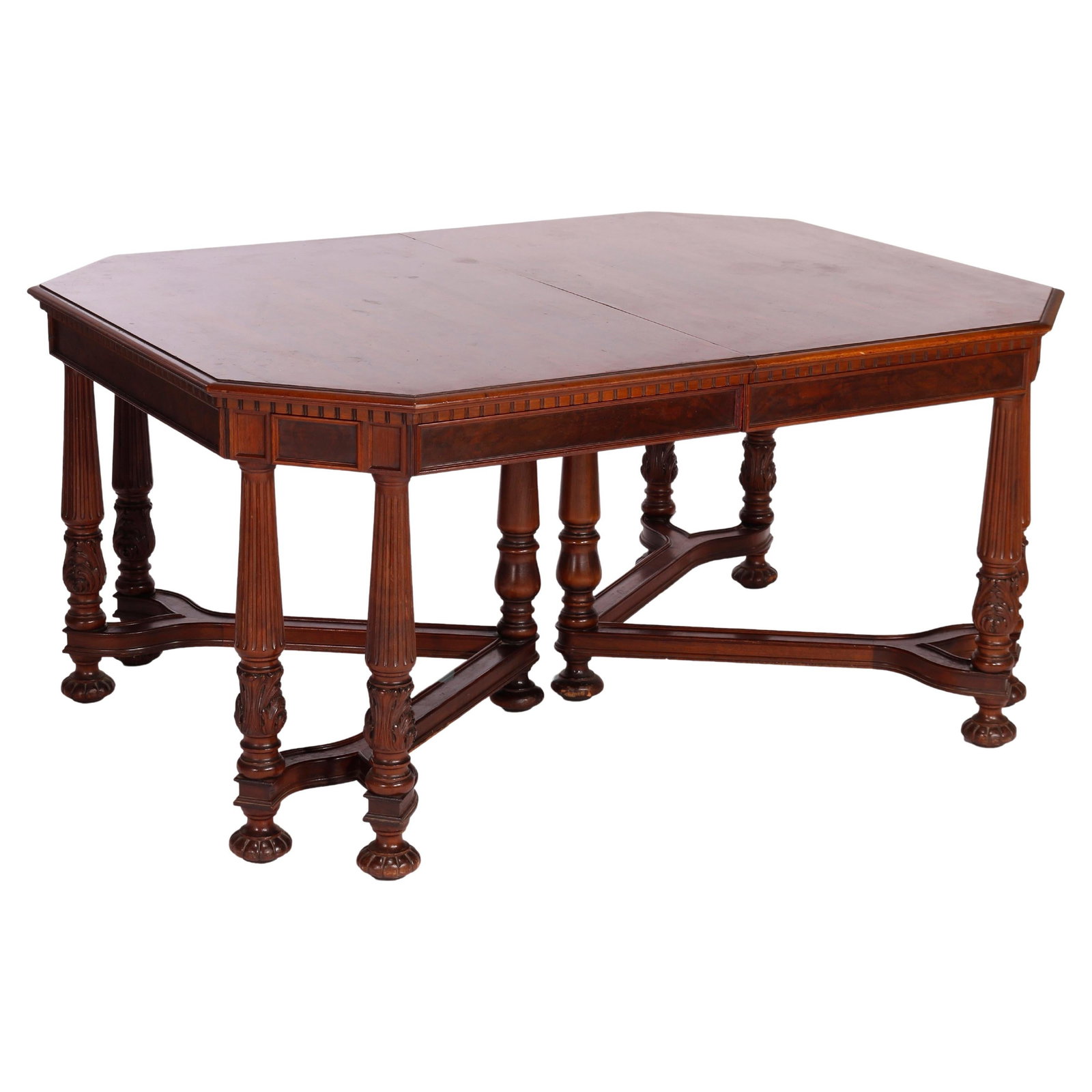 Antique Neoclassical Walnut Dining Table Circa 1930 with Burl Details: Antique Neoclassical Walnut Dining Table Circa 1930 with Burl Details This exquisite antique Neoclassical dining table showcases elegant craftsmanship from the early 20th century. Made from high-quali