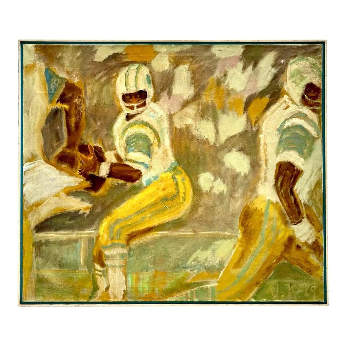 Large Abstract Canvas Depicting Expressive Football Scene in Ochre and Blue: Large Abstract Canvas Depicting Expressive Football Scene in Ochre and Blue This vintage monumental painting showcases an abstract expressionist depiction of football players in motion, featuring blur