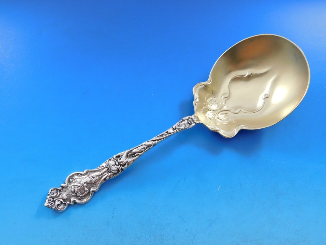 Wallace Irian Sterling Silver 9 Inch Gold Washed Berry Spoon: Wallace Irian Sterling Silver 9 Inch Gold Washed Berry Spoon This exquisite large berry spoon is from the Irian pattern by Wallace, crafted from high-quality sterling silver. With its elegant Art Nouv