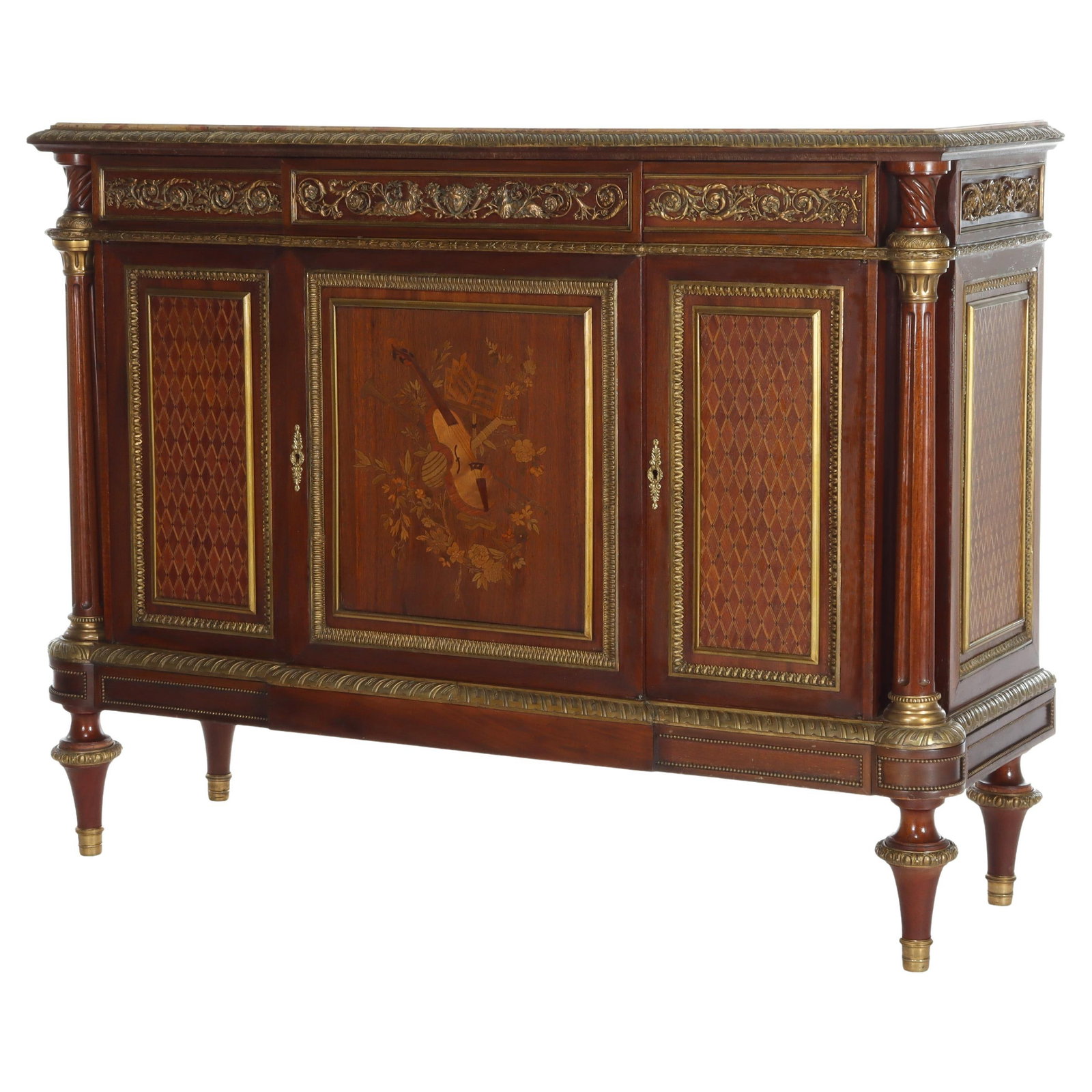 Mid-19th Century French Marble Top Credenza With Ormolu and Parquetry: Mid-19th Century French Marble Top Credenza With Ormolu and Parquetry This antique French Louis XVI credenza from the mid-19th century features exquisite craftsmanship in rosewood, kingwood, and mahog