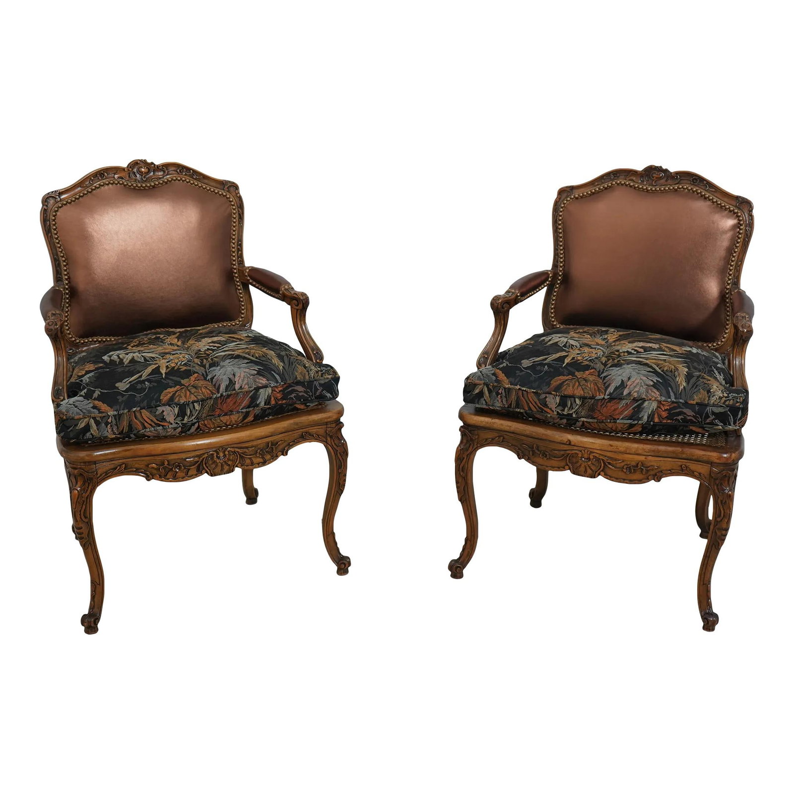Elegant Pair of 1950s French Louis XV Armchairs Bronze Faux Leather Upholstery: Elegant Pair of 1950s French Louis XV Armchairs Bronze Faux Leather Upholstery This exquisite pair of French Louis XV armchairs, dating back to the 1950s, showcases fine craftsmanship and elegant desi