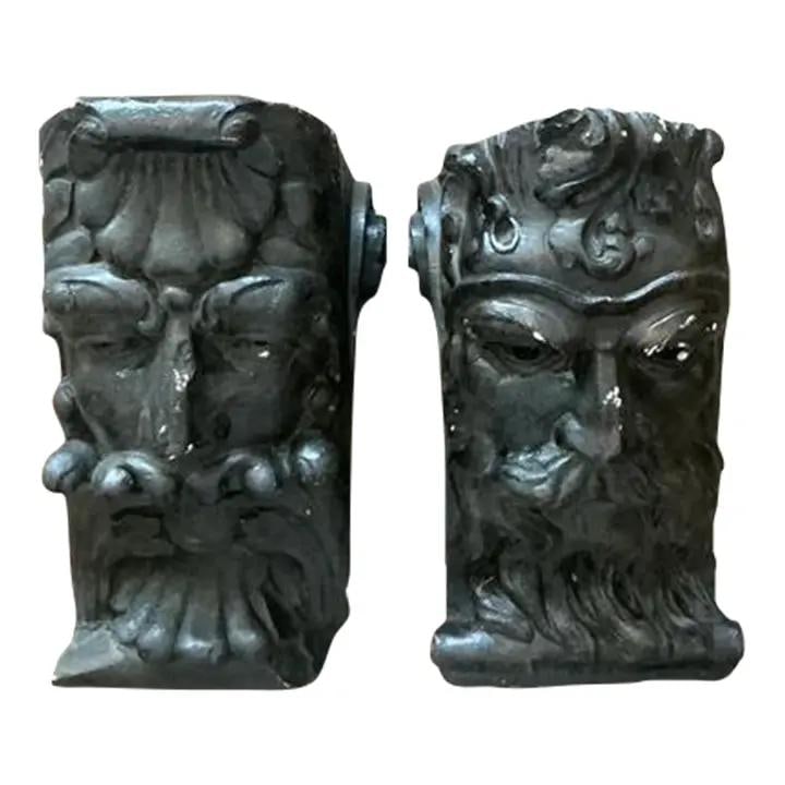 Pair of Painted Plaster Architectural Corbels with Mythological Faces Set of 2: Pair of Painted Plaster Architectural Corbels with Mythological Faces Set of 2 This pair of vintage painted plaster corbels embodies the dramatic flair of Neoclassical and Gothic design. Each corbel, 