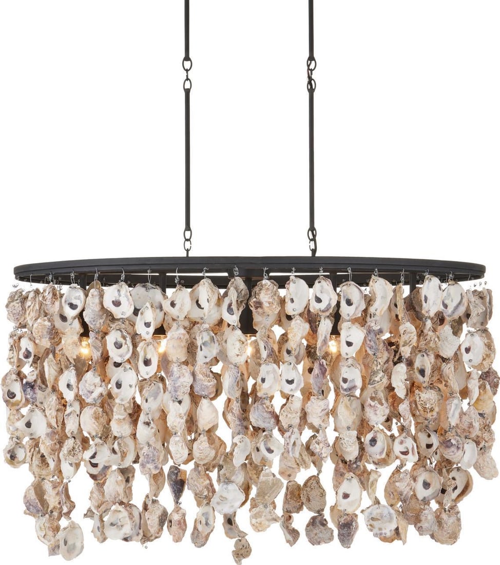 Currey Stillwater Coastal Oyster Shell Chandelier 5 Bulb Blacksmith Finish: Currey Stillwater Coastal Oyster Shell Chandelier 5 Bulb Blacksmith Finish Illuminate your space with the stunning Stillwater Chandelier, crafted from natural oyster shells and wrought iron for a coas