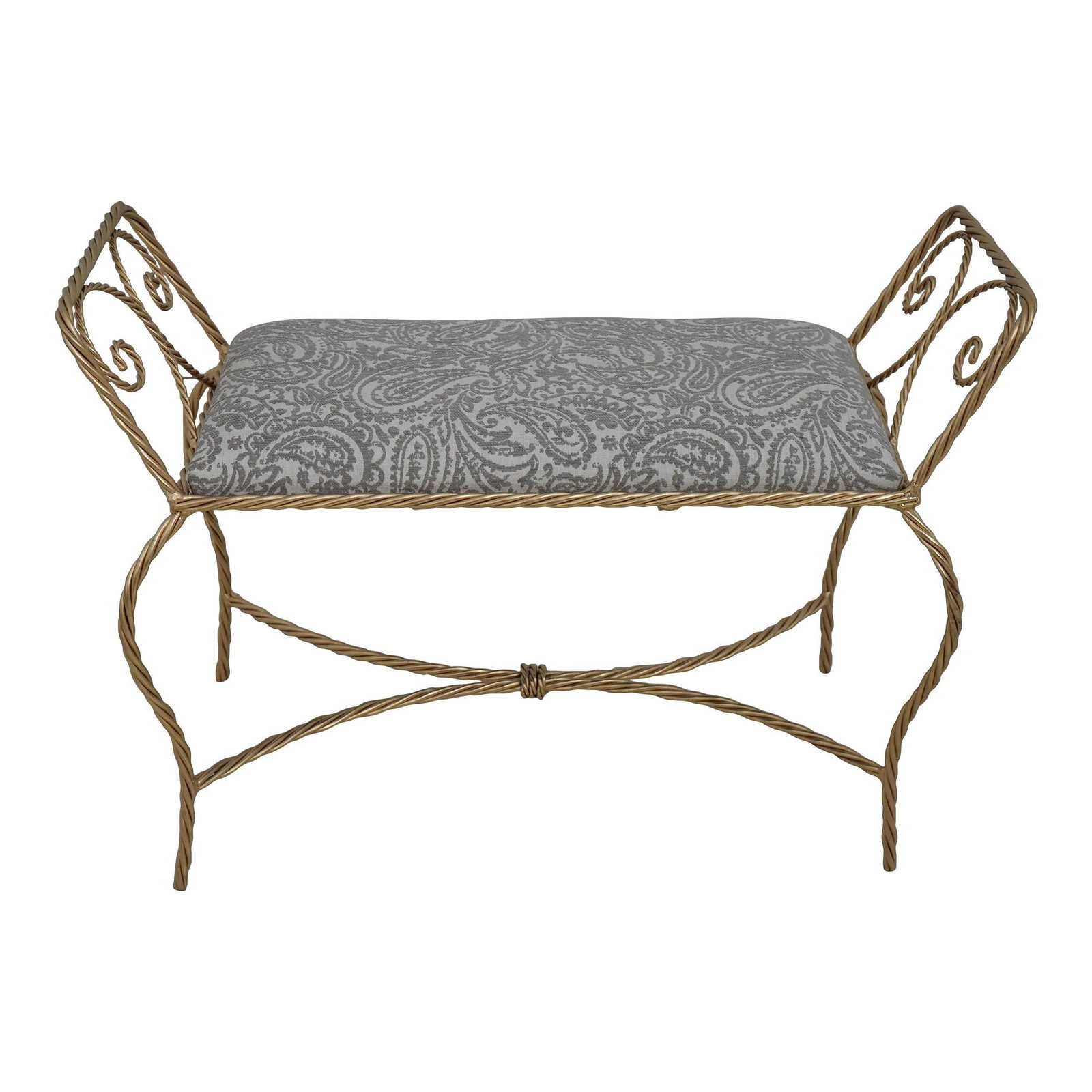 Italian Gold Finish Rope Twist Iron Bench with New Upholstery: Italian Gold Finish Rope Twist Iron Bench with New Upholstery This exquisite Italian Gold Finish Rope Twist Iron Bench showcases a sophisticated design with quality construction. Featuring a beautiful
