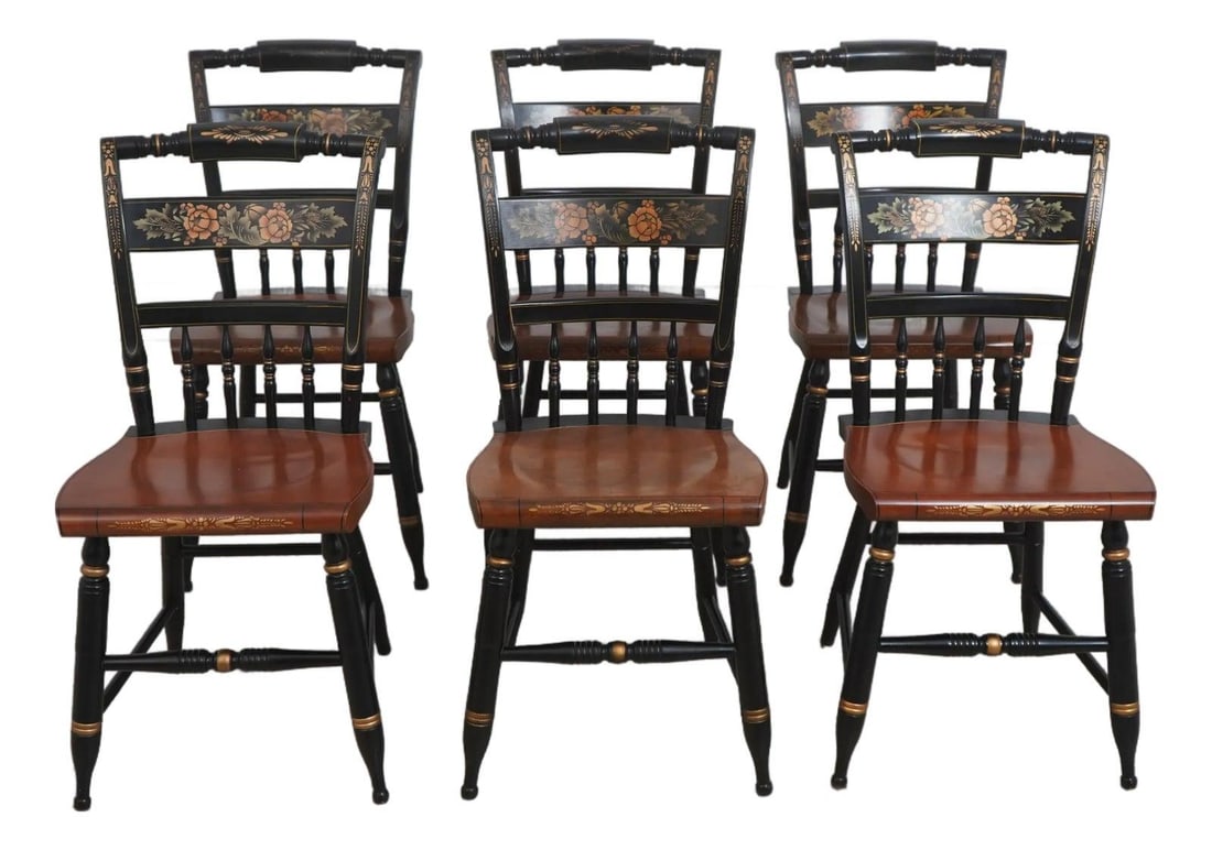 Six Maple Colonial Style Dining Chairs With Painted Hitchcock Accents Set of 6: Six Maple Colonial Style Dining Chairs With Painted Hitchcock Accents Set of 6 This set of six Hitchcock painted dining chairs features classic American Colonial and Early American styling. Each chair