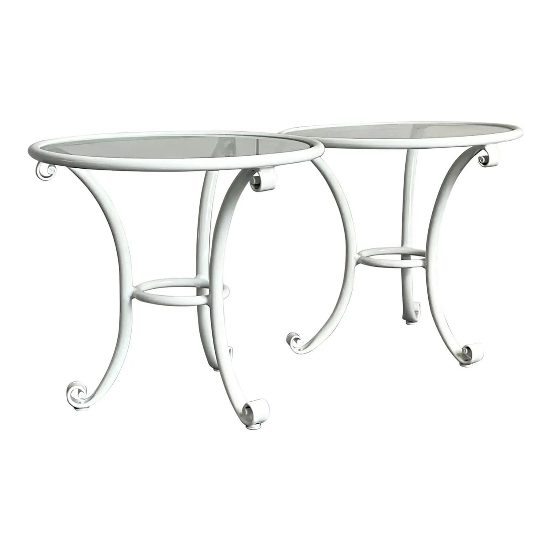 Pair of White Cast Aluminum Scrollwork Side Tables with Glass Tops: Pair of White Cast Aluminum Scrollwork Side Tables with Glass Tops This pair of vintage Regency-style side tables features elegant scrollwork crafted from durable cast aluminum with a serene white fin