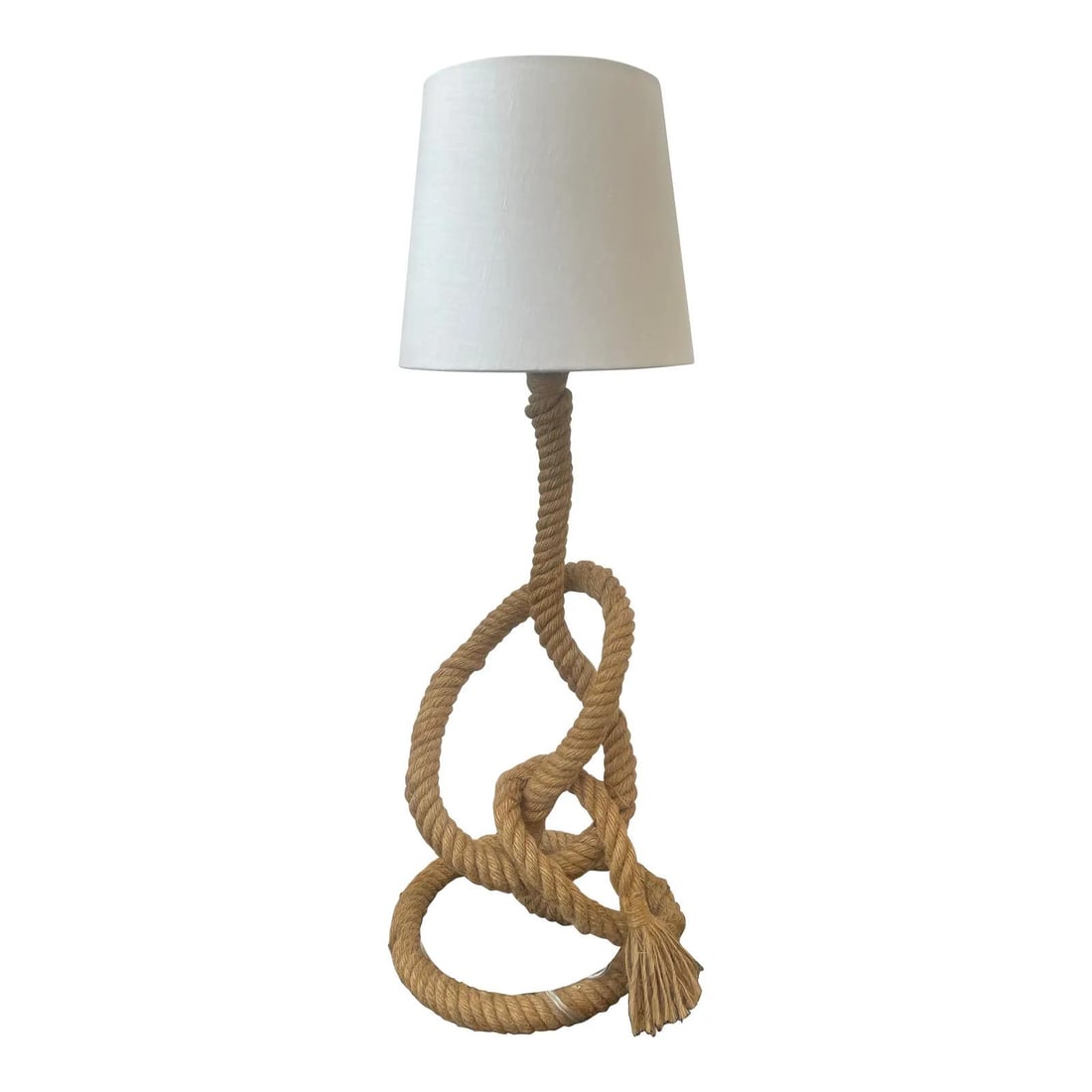 1960s Audoux & Minet Camel Rope Table Lamp France 22" H: 1960s Audoux & Minet Camel Rope Table Lamp France 22" H Introducing a stunning 1960s rope table lamp, crafted by renowned French artists Adrien Audoux and Frida Minnet. This tall lamp stands at 22 inc