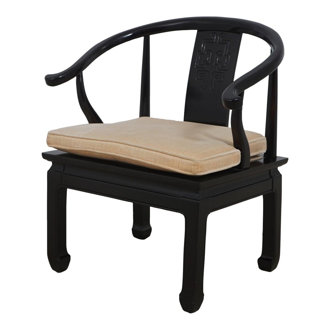 James Mont Style Century Black Lacquer Horseshoe Armchair: James Mont Style Century Black Lacquer Horseshoe Armchair This elegant Century Black Lacquer Asian Style Horseshoe Armchair showcases a timeless design reminiscent of James Mont's style. Featuring a p