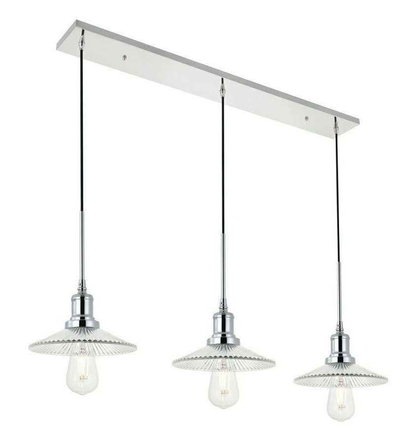 Waltz 3-Light Chrome and Clear Glass Pendant Chandelier 41 Inch: Waltz 3-Light Chrome and Clear Glass Pendant Chandelier 41 Inch Enhance your space with this elegant 41-inch pendant chandelier featuring a modern design crafted from polished chrome and clear glass. 