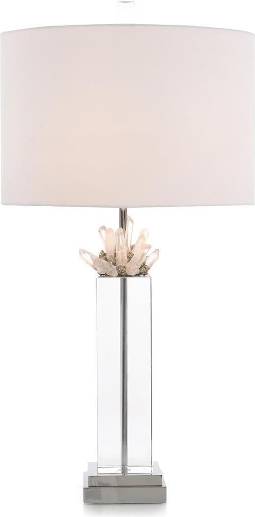 John-Richard 27 Inch Pyrite and Quartz Table Lamp with White Shade: John-Richard 27 Inch Pyrite and Quartz Table Lamp with White Shade Illuminate your space with the Luxurious Quartz and Pyrite Crystal Lamp, a stunning blend of elegance and functionality. This transit