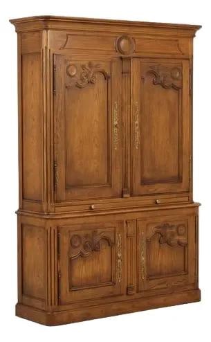 French Country Oak Bar Cabinet With Adjustable Shelves and Brass Hardware: French Country Oak Bar Cabinet With Adjustable Shelves and Brass Hardware This French Country armoire bar cabinet features fine carved details, high quality construction, and a large, impressive desig