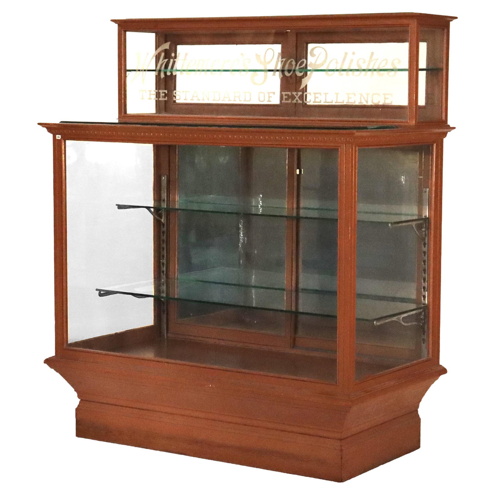 Oak and Glass Advertising Display Cabinet Early 1900s Whittemore's Shoe Polish: Oak and Glass Advertising Display Cabinet Early 1900s Whittemore's Shoe Polish This antique advertising display cabinet, crafted circa 1900, was designed for showcasing Whittemore's Shoe Polishes. Con