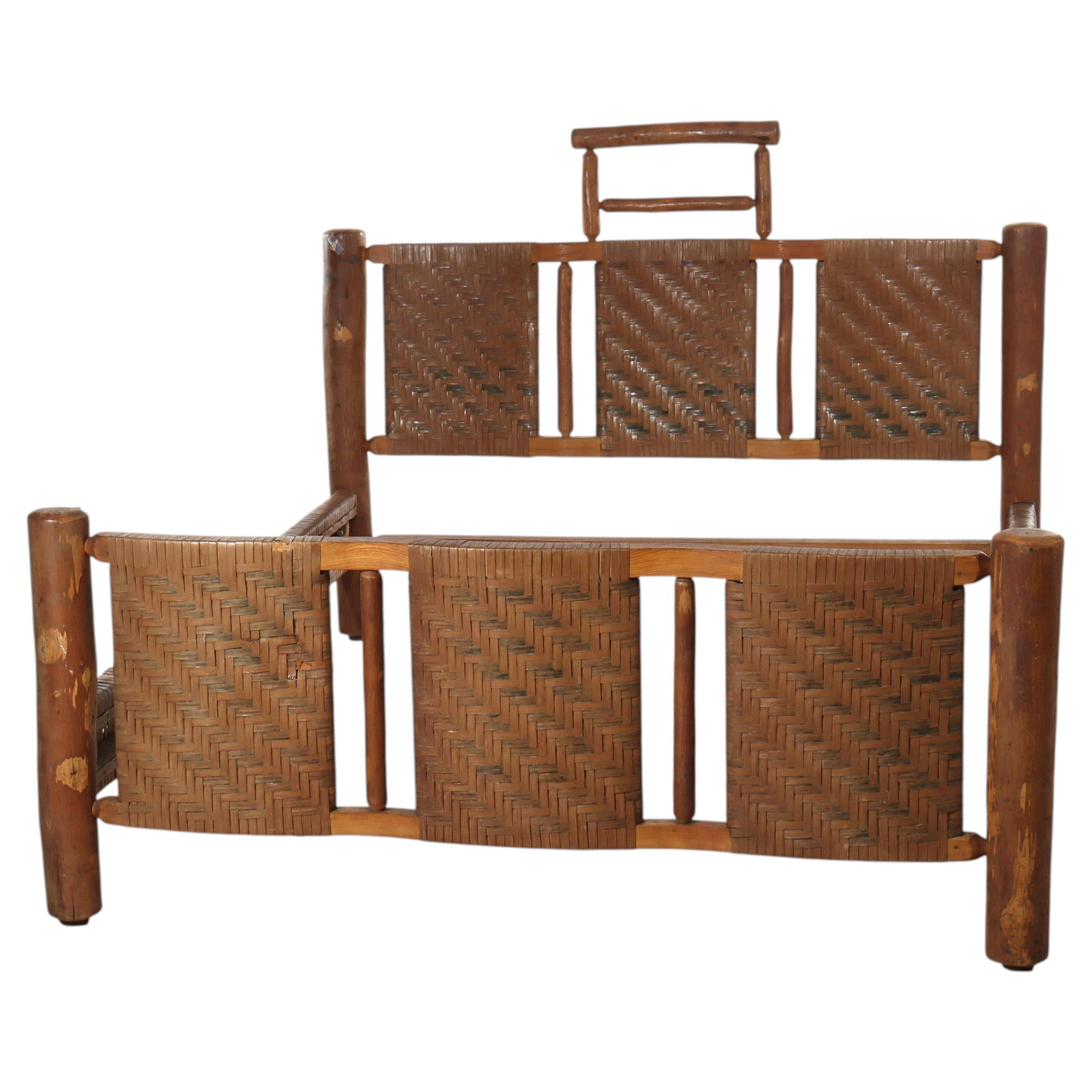 Rustic Early 20th Century Hickory Double Bed Frame with Woven Splint Panels: Rustic Early 20th Century Hickory Double Bed Frame with Woven Splint Panels This antique Adirondack Old Hickory style double (full) size bed frame, dating from around 1930, embodies the rustic charm a
