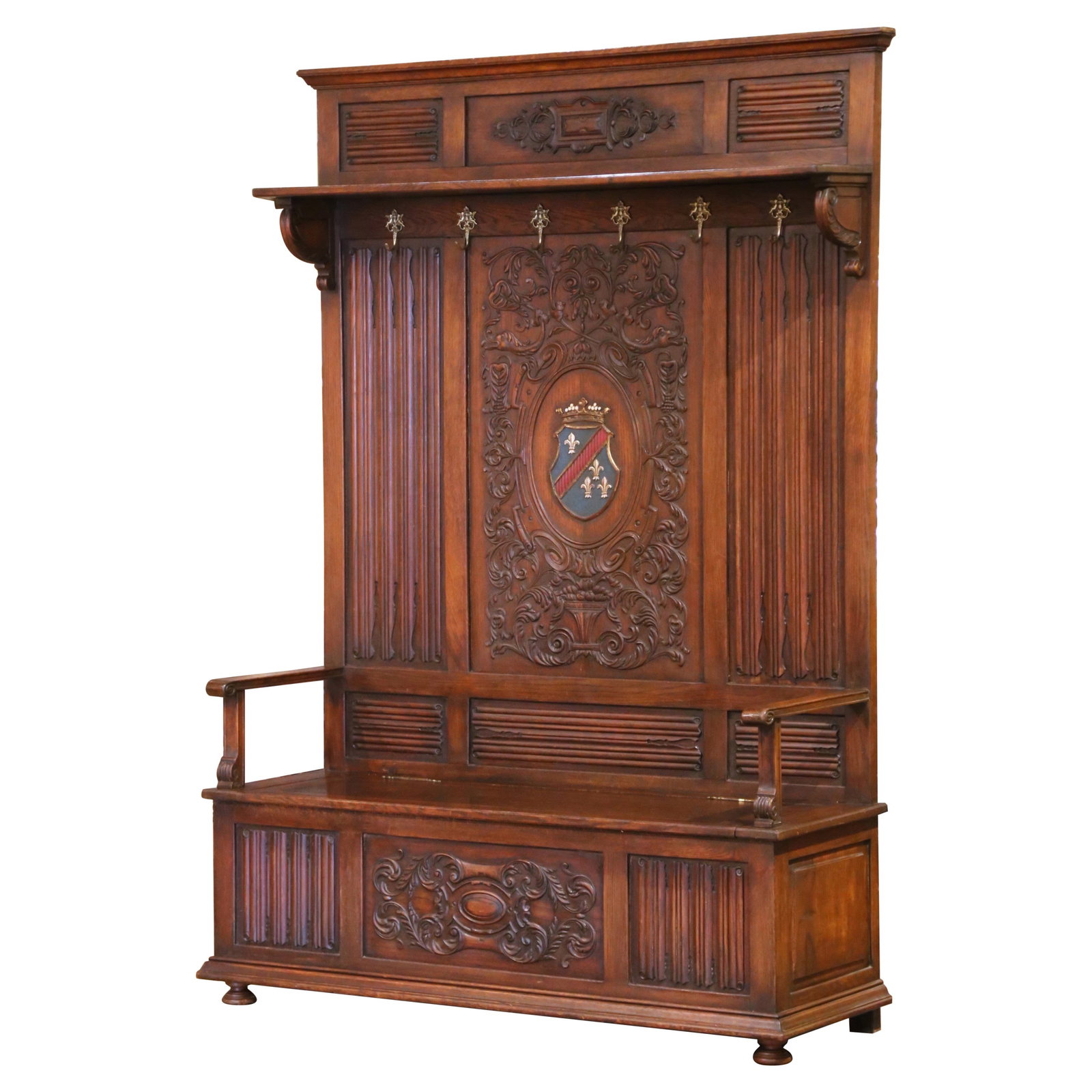 19th Century French Gothic Oak Hall Stand with Heraldic Crest: 19th Century French Gothic Oak Hall Stand with Heraldic Crest This stunning 19th-century French Gothic Oak Hall Stand Bench showcases exquisite craftsmanship and rich historical detail. Crafted in Fra