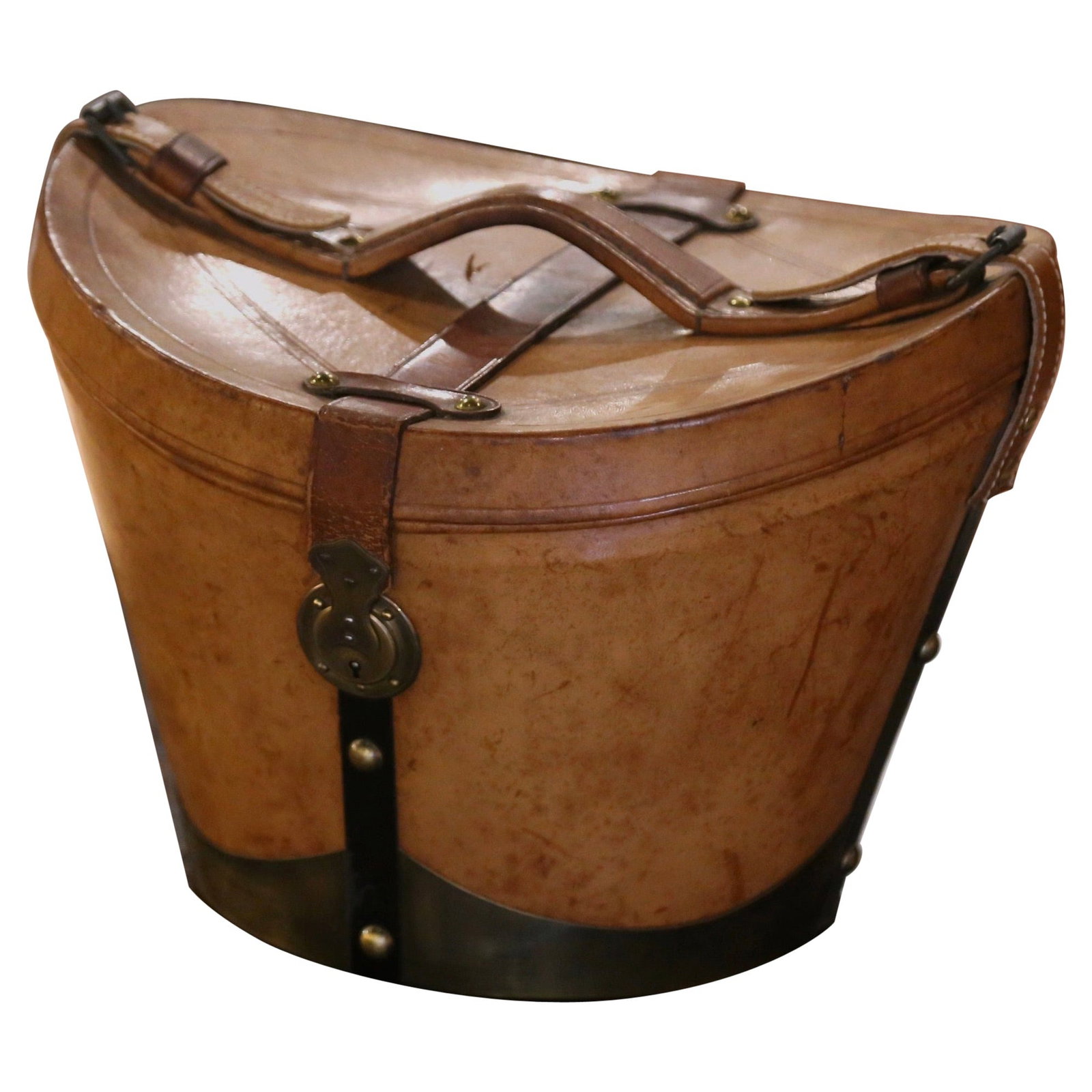 French Pigskin Leather Hat Box with Original Top Hat Circa 1870: French Pigskin Leather Hat Box with Original Top Hat Circa 1870 This mid-19th century French oval pigskin leather hat box was hand-crafted in Rouen, France, around 1870. The box features patinated bro