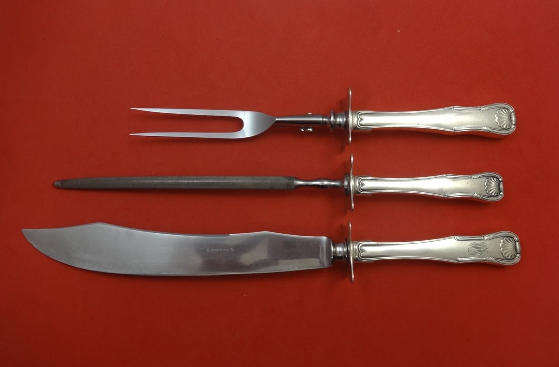 Kirk King Sterling Silver 3pc Roast Carving Set Knife Fork Hone: Kirk King Sterling Silver 3pc Roast Carving Set Knife Fork Hone Elevate your dining experience with this exquisite 3-piece roast carving set by Kirk, featuring the elegant King pattern. Crafted from s