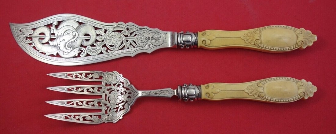 Victorian Sterling Silver Fish Serving Set Sheffield 1861 by Martin Hall: Victorian Sterling Silver Fish Serving Set Sheffield 1861 by Martin Hall This exquisite English Victorian Sterling Silver Fish Serving Set, crafted in Sheffield in 1861 by Martin Hall & Company, featu