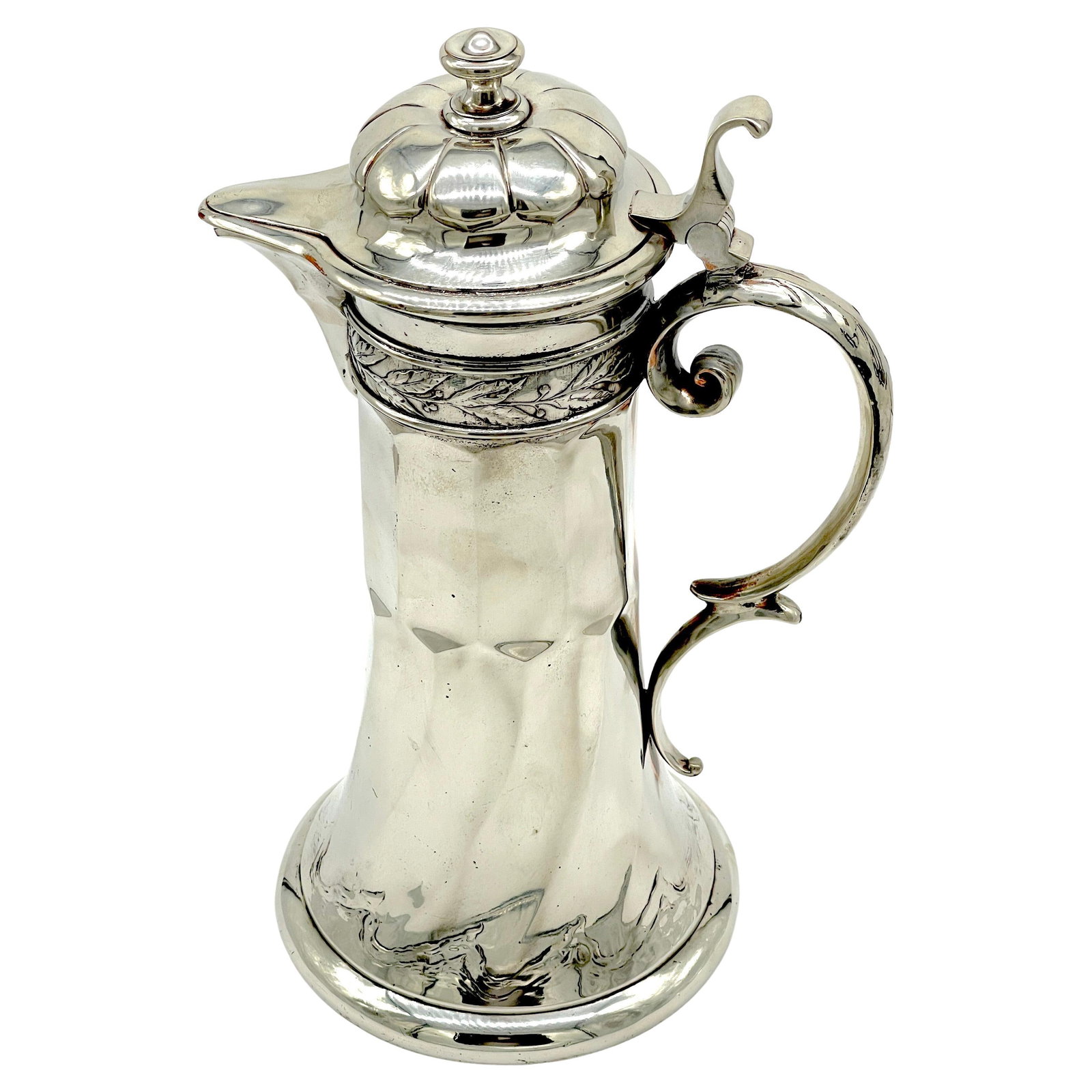 Kayserzinn Art Nouveau Silver on Copper Flagon 16in Wave Motif Germany 1900s: Kayserzinn Art Nouveau Silver on Copper Flagon 16in Wave Motif Germany 1900s Discover the elegance of the Art Nouveau 'Wave' motif silver on copper flagon, crafted by Kayserzinn in Germany during the 