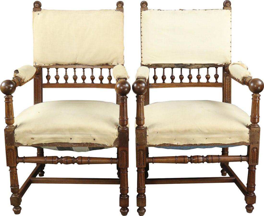 1890 French Walnut Armchairs Set in Henry II Style: 1890 French Walnut Armchairs Set in Henry II Style This elegant set of French walnut armchairs, dating back to 1890, showcases the refined craftsmanship of the Henry II style. Each chair features a mu