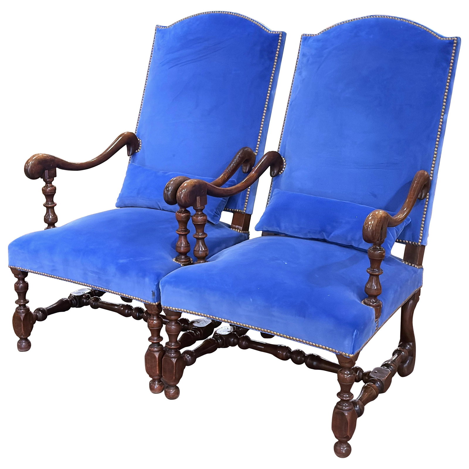Set of Two Antique French Walnut Louis XIII Velvet High-Back Armchairs Circa 1860: Set of Two Antique French Walnut Louis XIII Velvet High-Back Armchairs Circa 1860 This pair of mid-19th century French Louis XIII high-back armchairs showcases the enduring elegance of the period. Cra