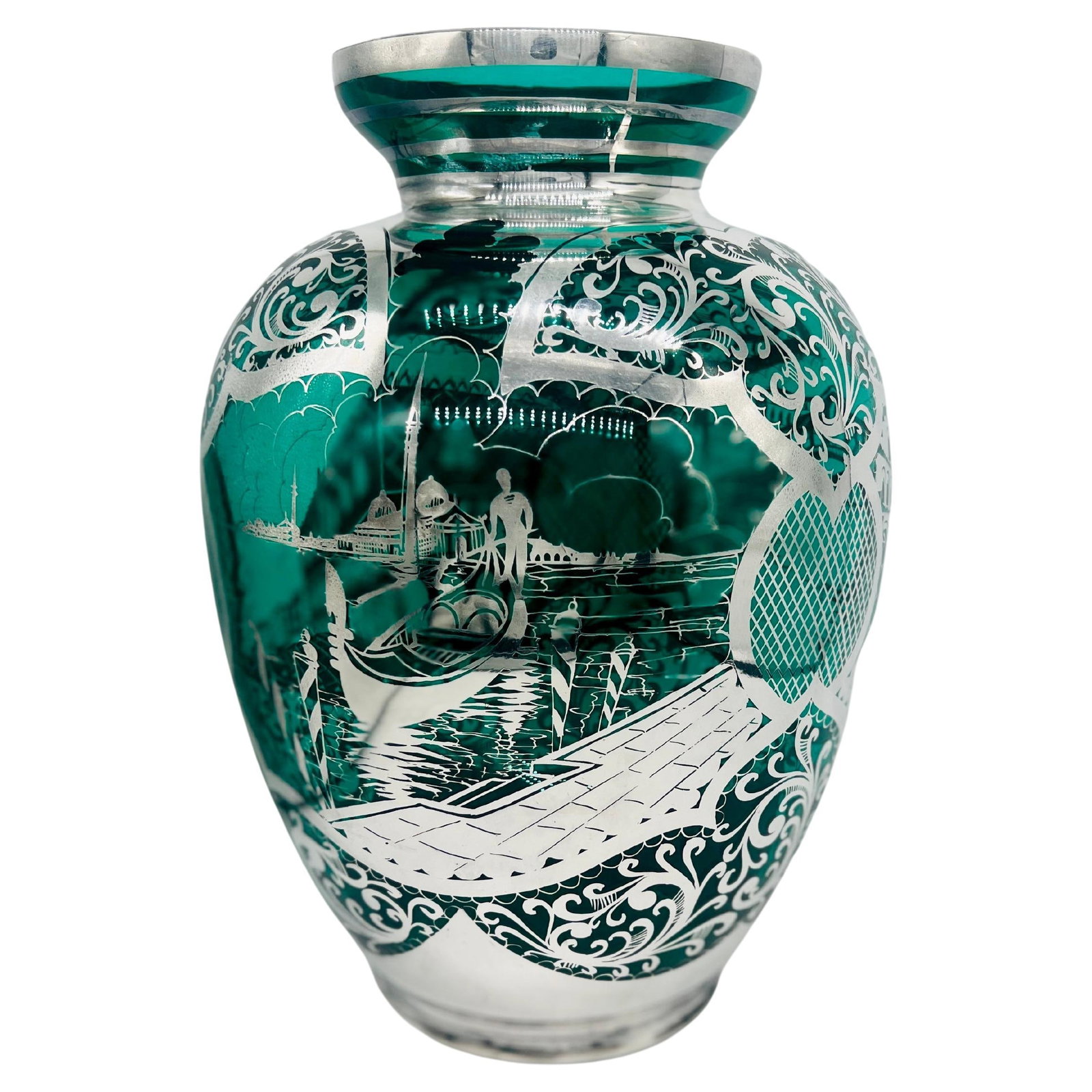 Large Italian Art Nouveau Sterling Silver Overlay Venetian Vase: Large Italian Art Nouveau Sterling Silver Overlay Venetian Vase This stunning large Italian vase showcases exquisite craftsmanship with its vivid green glass and intricate sterling silver overlay. Sta