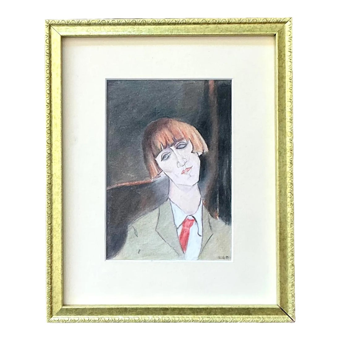 Framed Modigliani Style Portrait Drawing on Paper with Gilt Wood Frame: Framed Modigliani Style Portrait Drawing on Paper with Gilt Wood Frame This vintage portrait drawing, inspired by Amedeo Modigliani's signature style, features a figure with a stylized bob cut and sui