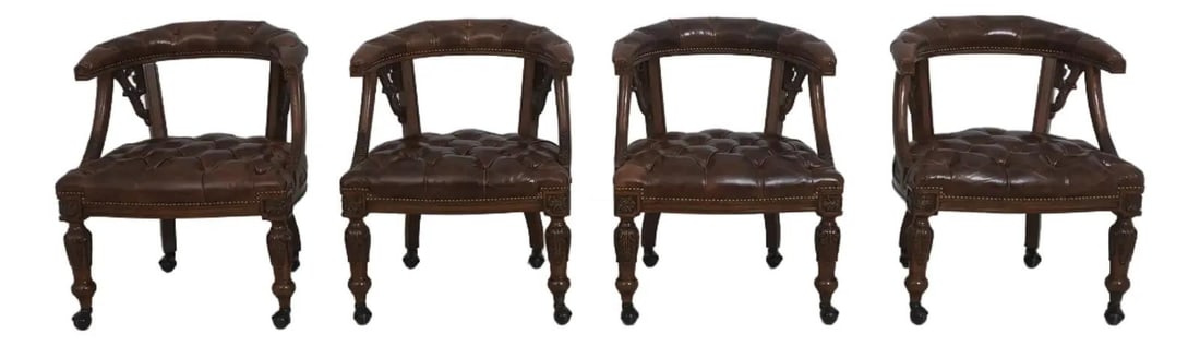 Set of Four Gentry Leather Game Chairs with Tufted Upholstery: Set of Four Gentry Leather Game Chairs with Tufted Upholstery This set of four Maitland Smith Gentry game chairs features fine carved details and high-quality construction. Each chair is upholstered i