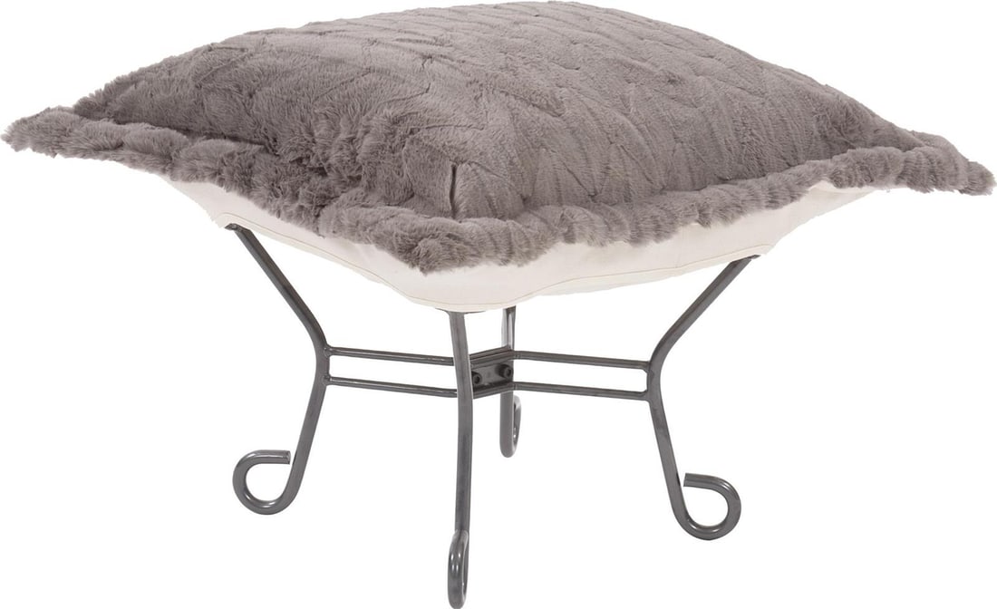 Howard Elliott Angora Puff Scroll Ottoman 100% Polyester: Howard Elliott Angora Puff Scroll Ottoman 100% Polyester Enhance your living space with this Plush Angora Stone Ottoman, designed for a cozy and inviting atmosphere. This versatile pouf features a han