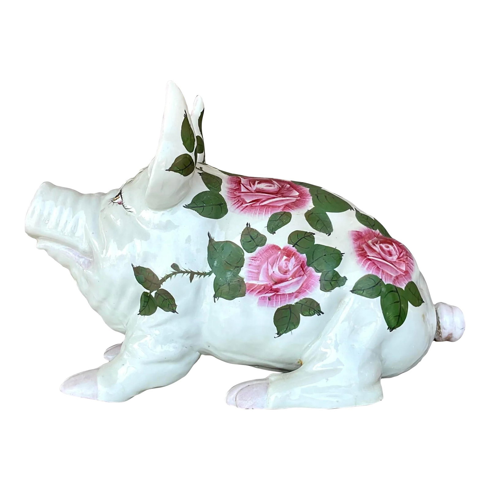 Vintage Boho Hand-Painted Ceramic Pig with Floral Motifs: Vintage Boho Hand-Painted Ceramic Pig with Floral Motifs Introduce a touch of rustic charm to your home with this Vintage Boho Hand-Painted Ceramic Pig adorned with beautiful rose motifs. This