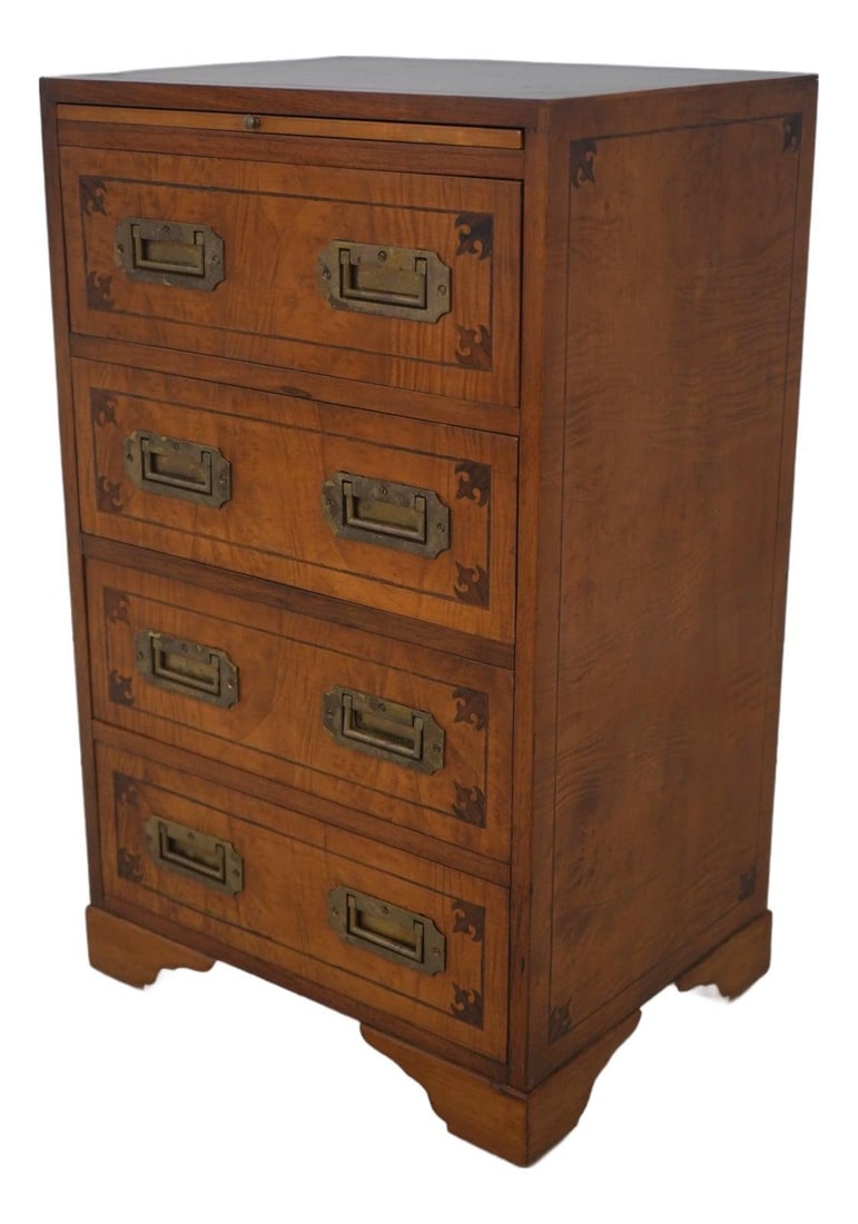 C.1930s Vintage English Campaign Inlaid Satinwood Chest with Brass Hardware: C.1930s Vintage English Campaign Inlaid Satinwood Chest with Brass Hardware This Vintage English Campaign Style Inlaid Satinwood Chest from the 1930s showcases exceptional craftsmanship with its finel