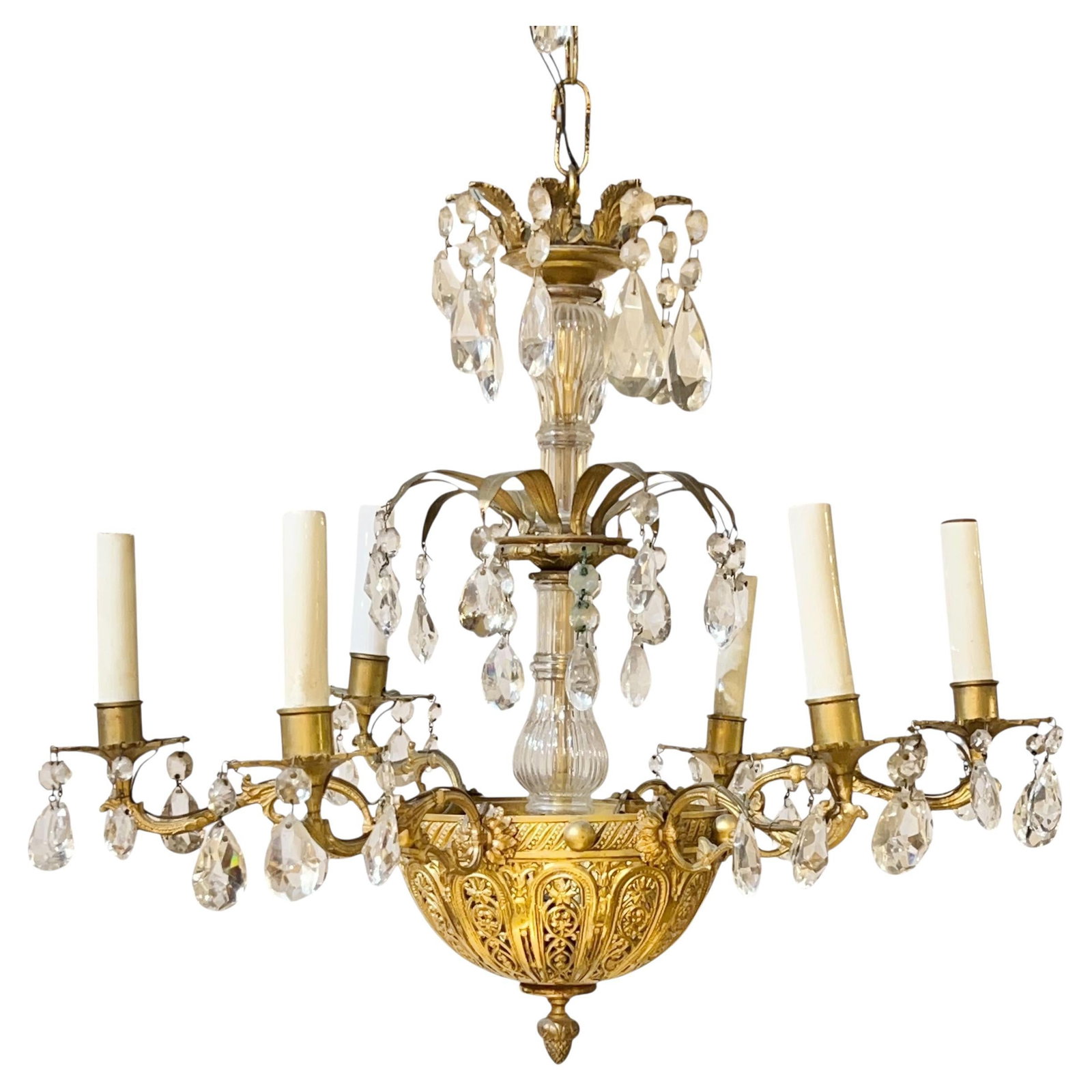 Neoclassical Late 19th Century Six Light Gilt Bronze and Crystal Chandelier: Neoclassical Late 19th Century Six Light Gilt Bronze and Crystal Chandelier This late 19th-century six-light chandelier showcases neoclassical style and is crafted from gilt bronze and crystal glass. 